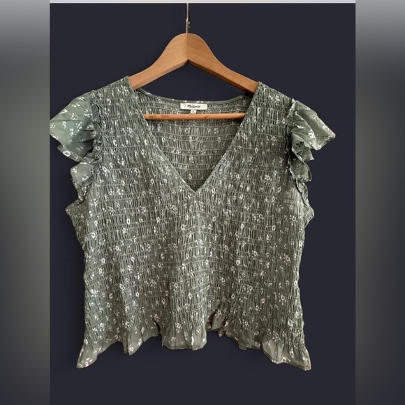 Madewell Tops - Madewell Green Smocked Flutter Sleeve Blouse